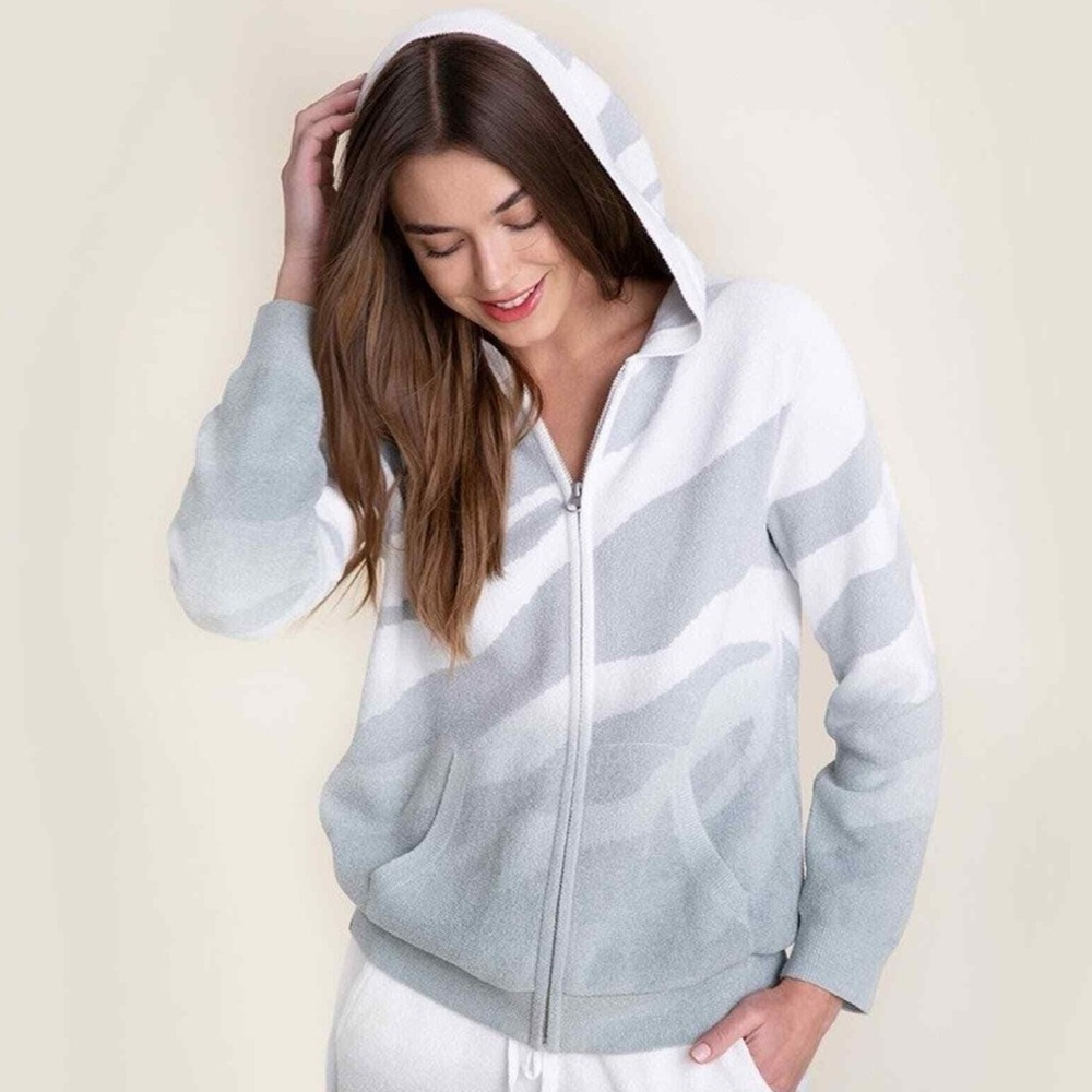 Barefoot Dreams Cozy Chic Ocean Reef Gray and White Striped Zip Hoodie‎ Small